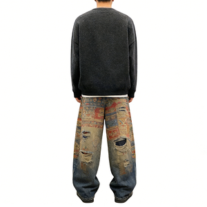 กางเกงยีนส์เดนิมทรงใหม่แบบ Selvage พิมพ์ลายกราฟฟิตีโลโก้ตามสั่ง ทรงโค้ง ขาดเซอร์ๆ สไตล์ฮิปฮอป - Product Image 2