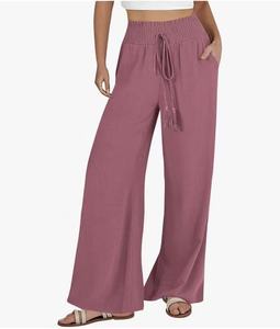 Stocklots <span class=keywords><strong>Pantaloni</strong></span> da donna estivi elasticizzati, lavati, traspiranti, a vita alta, a gamba larga, <span class=keywords><strong>con</strong></span> coulisse, per abbigliamento casual e sportivo - Product Image 2