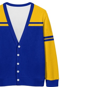 เสื้อคาร์ดิแกนถักคอวีสีน้ำเงินเหลืองแบบคัลเลอร์บล็อกสำหรับสตรีชมรมมหาวิทยาลัย สไตล์พรีปปี้ แขนยาว รับผลิตตามสั่งขายส่ง - Product Image 3