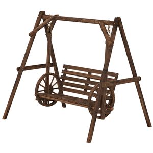 2-Seater Carbonized Brown Wooden Log Patio <b>Swing</b> Chair Bench with Wagon Wheel Armrests Porch <b>Swing</b> A-<b>Frame</b> Stand for Indoor Use - Product Image 1