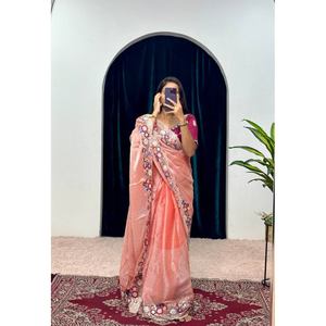 SÉQUENCE DE SOIE ORGANZA FANTAISIE ET FIL DE COTON BRODERIE TRAVAIL SAREE AVEC CHEMISIER NON COUDU PÊCHE - Product Image 1