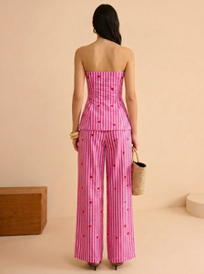 Cotton Tube <b>Corset</b> Heart Print Top With Matching Bottom Two Piece Set Smart Stripes Work Wear Tube Top And Wide Leg Casual Wear - Product Image 4