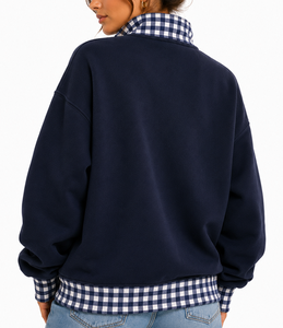 Sudadera Azul Marino de Mujer con Media Cremallera, Cuello y Puños a Cuadros, Diseño Bordado 'Girl', Estilo Casual de Otoño con Apliques - Product Image 6