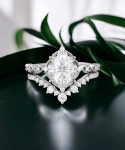 Oval Cut Lab Grown Diamond Engagement <b>Ring</b> <b>Set</b> Vintage Halo Bridal <b>Set</b> Curved Diamond Wedding Band IGI Certified <b>Gold</b> <b>Ring</b> - Product Image 5