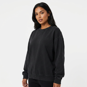Sweat-shirt unisexe noir surdimensionné à col rond, manches régulières, couleur unie, pull décontracté, 100% coton tricoté, vêtement d'automne - Product Image 3