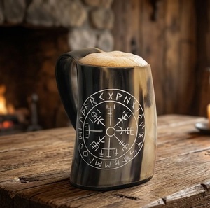 Taza de Cuerno de Buey con Diseño de Runas Vikingas, Redonda, Antigua, Imitación, Decoración para el Hogar, Duradera, Artesanía Natural - Product Image 1