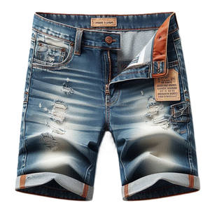 กางเกงขาสั้นกางเกงยีนส์สีน้ำเงินสำหรับผู้ชาย, สำหรับทุกเพศสไตล์ฮิปฮอปมีรอยขาดขนาดกลางไซส์ใหญ่ผ้าทอลายทแยง - Product Image 2