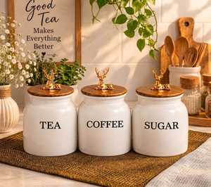 Ensemble de pots de cuisine blancs avec couvercle en bois, bocaux de rangement imprimés de lettres pour sucre, sel, thé, comptoir - Product Image 4