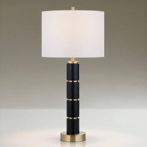 Modern Luxury <b>Black</b> Faux Leather Column <b>Table</b> Lamp Gold Metal Accents White Fabric Shade <b>Bedside</b> Living Room Home Decor Light - Product Image 1