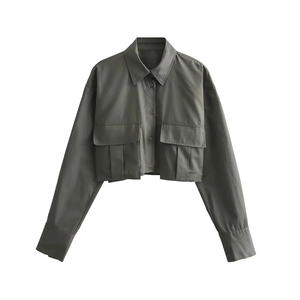 Camisa corta a rayas para mujer, manga larga, cuello vuelto, top informal tejido, corte regular, para todas las estaciones - Product Image 3