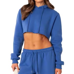Winter Plain Long Sleeve Design <b>Stand</b> Collar Printed Fleece Short Crop Top Hoodie Front Logo Breathable Plus Size Daily Wear - Product Image 2