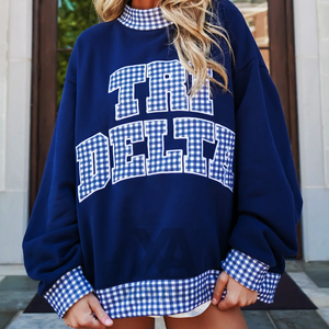 เสื้อสเวตเชิ้ตโอเวอร์ไซส์ Tri Delta สีน้ำเงินลายตารางปักลายตารางสไตล์ Preppy ทรงปกติ ใส่ได้ทั้งชายและหญิง เหมาะสำหรับใส่ในฤดูใบไม้ร่วง - Product Image 4
