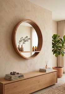 Nordic Round Wooden Mirror with Storage Shelf Deep <b>Frame</b> Circular Wall Mirror Minimalist <b>Oak</b> Wood Bathroom Entryway Organizer HD - Product Image 1