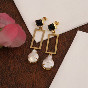 Black Onyx & Pearl Geometric Dangle <b>Earrings</b> Gold Plated Statement <b>Earrings</b> for Women Jewelry - Product Image 4