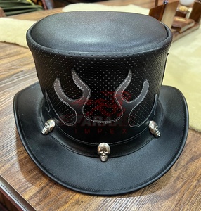 Sombrero de Cuero Negro para Hombre, Estilo Gótico Steampunk, con Calavera y Llamas, Estilo Vaquero Occidental, para Motociclistas, Festivales, Disfraces, Hecho a Mano, Estilo Punk - Product Image 2