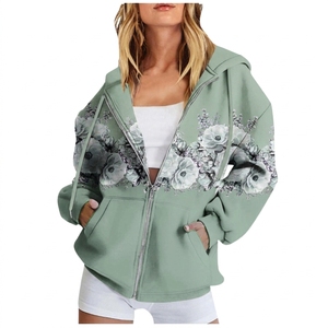 Women's Blue <b>Hooded</b> <b>Zip</b>-Up Sweatshirt Front Sublimation Printed Regular Fit Hip Hop Style 100% Cotton Knitted - Product Image 2