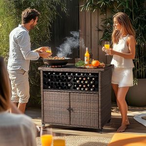Carrello da Cucina per Esterni con Armadietto Contenitore, Credenza Buffet in Vimini per Patio, Ideale come Tavolo da Preparazione - Product Image 6