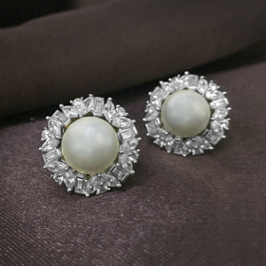 4.57 Cttw White CZ & Pearl <b>Stud</b> Earrings 925 Sterling <b>Silver</b>, Round Baguette Marquise Cut Cubic Zirconia Earrings for Women - Product Image 1