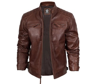 Chaqueta de Motociclista de Cuero Genuino para Hombre, Cierre de Botones, Color Marrón Sólido, Largo Regular - Product Image 2