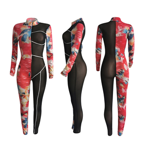 Combinaison transparente à manches longues pour femme, taille haute, coupe ajustée, col en V, imprimé tie-dye, tenue de club, en Spandex et Polyester, Printemps-Été - Product Image 4