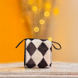 Luxury Cowhide Genuine Leather Patchwork Women's Clutches Handmade Diamond Pattern Fur Leather Long <b>Wallet</b> with Zipper Pocket - Product Image 1