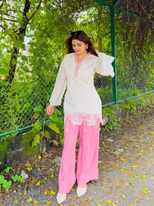 Women Roman <b>Silk</b> Casual <b>Kurta</b> Set Pink Palazzo Embroidery Work Top Palazzo Suit Designer All Seasons Wear Quick Dry Sun - Product Image 1