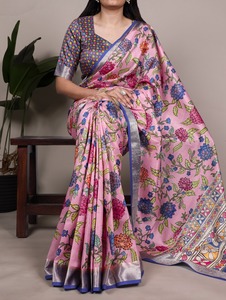Elegante Saree de Seda Tasar con Estampado Floral Tradicional y Saree de Viscosa con Blusa Sin Coser - Product Image 2