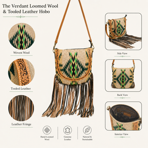 Western Wool Leather Fringe Hobo Shoulder <b>Bag</b> Women Southwestern Pattern | Crossbody Hand Tooled <b>Boho</b> Style | India Export Plus - Product Image 3