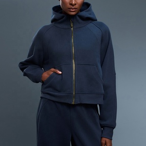 OEM Wholesale Custom Logo Women 100% Cotton <b>Cropped</b> <b>Zip</b>-<b>Up</b> Hooded Long Sleeve Loose Casual Outerwear Breathable hoodie - Product Image 4