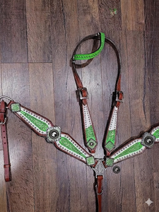 Latest DD Leather Horse Riding Equipment-Hand <b>Painted</b> Head Stall Breast Collar Reins Set Assorted Leather Colors - Product Image 3
