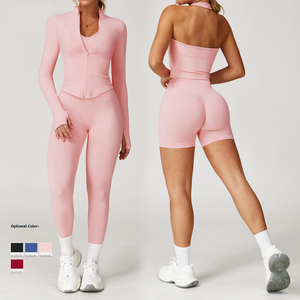 Women New Yoga Sportswear Girls Gym Fitness Sets Breathable Solid <b>Pattern</b> Elastic Waist <b>Leggings</b> Front Logo 4-Piece Yoga Set - Product Image 2