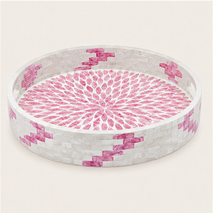 Plateau décoratif rond en nacre de qualité supérieure, motif floral en mosaïque rose, plateau de service pour table basse, vente en gros - Product Image 3