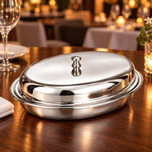 Bol de service en acier inoxydable avec couvercle, plat ovale, plat à mélanger en métal pour la cuisine et la salle à manger - Product Image 3