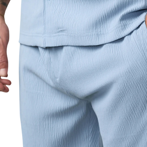 Shorts de sport texturés bleu clair pour hommes 100 % coton écologique taille haute élastique avec cordon de serrage respirant séchage rapide pour la course - Product Image 3