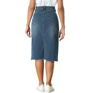 Women Fashion Denim Skirt Distressed Hem Front Pockets Durable Fabric Stylish Cut Everyday Outfit Perfect for Summer Wear - Product Image 4