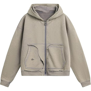 Vintage Beige Acid Wash Zip Up Hoodie Distressed Hem Detail Oversized <b>Fleece</b> <b>Jacket</b> Men Streetwear Raw Edge Sweatshirt - Product Image 1