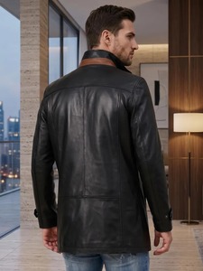Abrigo de Cuero Genuino de Cordero Negro para Hombre, Largo Tres Cuartos, Solapa con Muescas, Cierre Frontal con Cremallera - Product Image 2