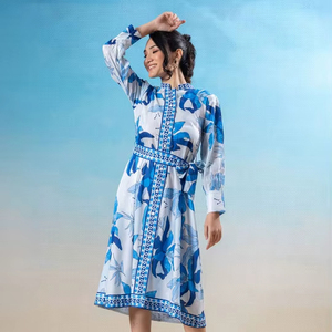 Vestido Midi Vintage 2026 con Estampado Floral Hecho a Mano, de Gasa, Ecológico, Tejido, con Cintura Natural, Vestido Formal 100% Indio - Product Image 1