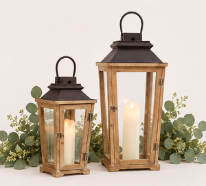Handmade Rustic Wooden Candle <b>Lantern</b> <b>Set</b> of 2 with Metal Top Vintage Distressed Wood Decorative Floor <b>Lanterns</b> for Home Decor - Product Image 3