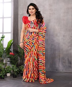Sari de poliéster estampado colorido con blusa roja para mujer, ropa de fiesta, estilo tradicional indio, largo hasta el suelo, listo para usar. - Product Image 1