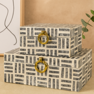 Caja de almacenamiento de incrustaciones de Capiz de MDF hecha a mano con tapa y anillo de latón organizador decorativo con patrón geométrico negro para decoración del hogar y regalos - Product Image 6