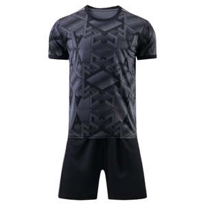 Ensemble de maillot et short de football personnalisé par sublimation pour hommes Starlet International, motif géométrique noir, uniforme respirant - Product Image 1