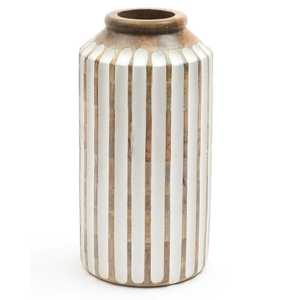 Modern Fluted White and Wood Column Vase <b>Tall</b> Cylindrical Decorative Flower Pot for Contemporary Living Room Floor or <b>Table</b> - Product Image 1