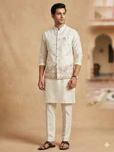 Conjunto de Kurta y Pijama de Seda para Hombre, para Fiestas, con Chaqueta Koti de Satén Malai Bordada - Product Image 5