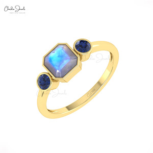 Bague de fiançailles et de mariage classique pour femme en or massif 14 carats, sertie de pierres naturelles de 2 carats (pierre de lune et saphir bleu) - Product Image 4