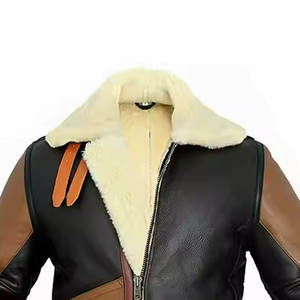 Blouson aviateur en cuir véritable pour homme avec doublure en fausse fourrure, design color block, coupe-vent, style motard, vêtement d'hiver - Product Image 3