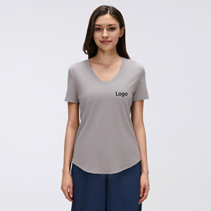 เสื้อยืดผู้หญิงคอวีแขนสั้นสีทึบทรงปกติสไตล์สปอร์ตระบายอากาศได้ดีผ้าสแปนเด็กซ์ถักลายโลโก้สีเทา - Product Image 1
