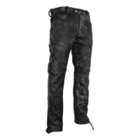 Celana Kulit Pria Pinggang Tinggi Model Lurus Gaya Biker Moto Dengan Saku Samping Kancing Depan Distressed Washed Heavyweight