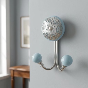 Modern <b>Wall</b> Mounted Coat Hook with Floral Design and Turquoise Ceramic Knobs 2 Hooks Metal Hooks for Clothing Storage - Product Image 1