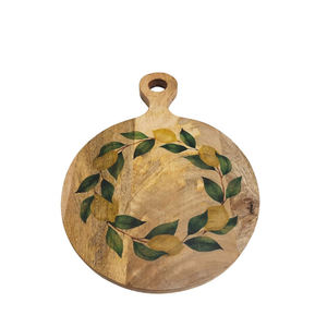 Planche à découper ronde en bois au design tendance avec poignée motif citron, plateau de service à grain naturel pour cuisine - Product Image 1